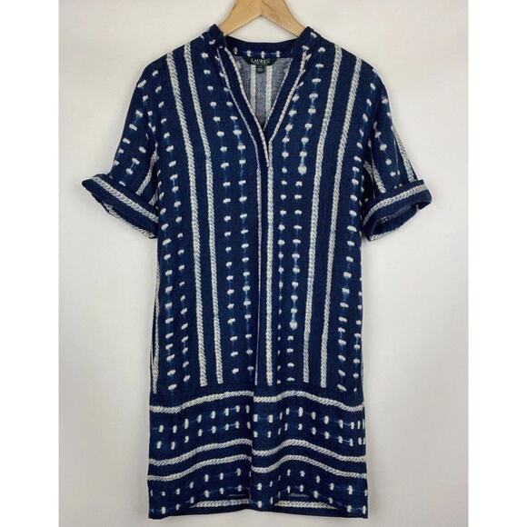 LRL Lauren Ralph Lauren western patterned linen viscose Dress Sz 12 Blue Boho - Picture 1 of 15